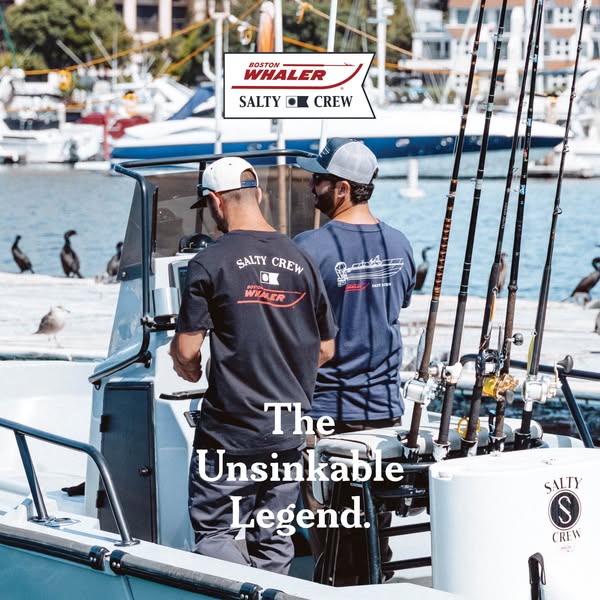 An image ad features two people standing on a boat with fishing rods. The ad emphasizes the brand's reputation for b