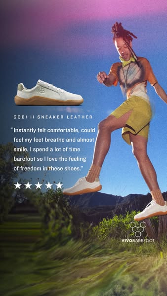 This ad features a testimonial for Vivobarefoot Gobi II sneakers. A person is depicted wearing the sneakers while moving
