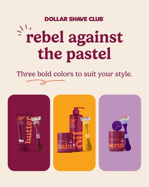 This image ad for Dollar Shave Club features three grooming product sets displayed in color-blocked frames. The headline