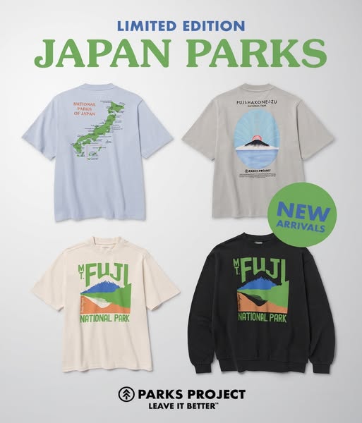 The ad showcases a Parks Project limited edition Japan Parks clothing line, highlighting t-shirts and sweatshirts with d