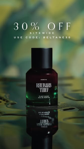 This ad promotes Heretic's Rhubarb Thief plant-based eau de parfum with a site-wide 30% off sale using the code BELT