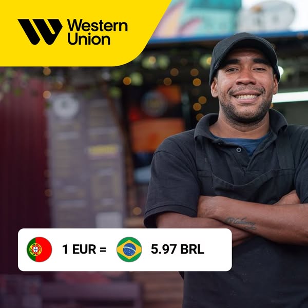 This ad is promoting Western Union services. It features an image of a smiling vendor who appears to be from Brazil and 