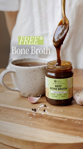 This ad features bone broth poured from a jar into a cup, along with a special offer for a free product.