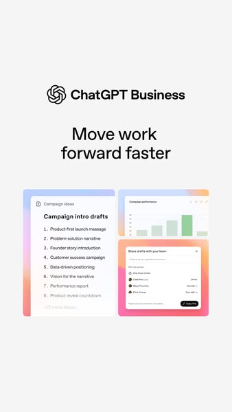 This ad for ChatGPT Business highlights the software's ability to move work forward faster. It shows a sample of fea