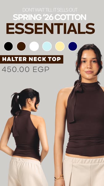This image ad showcases a halter neck top in a muted color, offered as part of the Spring '26 Cotton Essentials coll