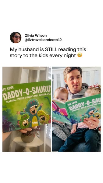 This ad uses user-generated content to promote the book "We Love Daddy-O-Saurus." It features a split image: o