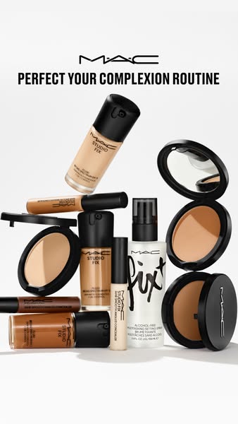 This image ad for MAC Cosmetics features a variety of complexion products, including foundations, concealers, powders an
