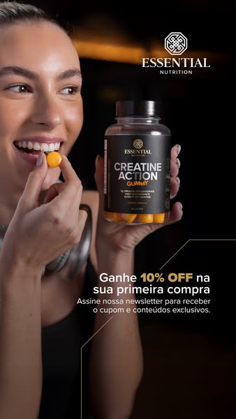This ad promotes Essential Nutrition's Creatine Action Gummy, highlighting a 10% discount for first-time buyers who 