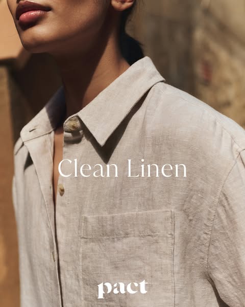 This ad features an up-close shot of a woman wearing a beige linen shirt from Pact. The ad emphasizes the idea of 'C