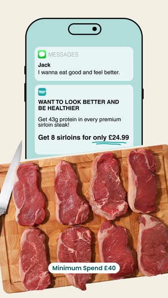 This ad for Muscle Food shows an iPhone screen above eight sirloin steaks on a wooden cutting board. The iPhone screen d