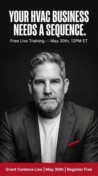 This ad targets HVAC business owners and offers them free live training on May 30th. The ad features a photo of Grant Ca