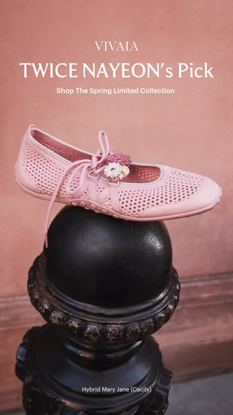 This ad showcases a pink Mary Jane style shoe on top of a black statue while the text highlights that the shoe is endors