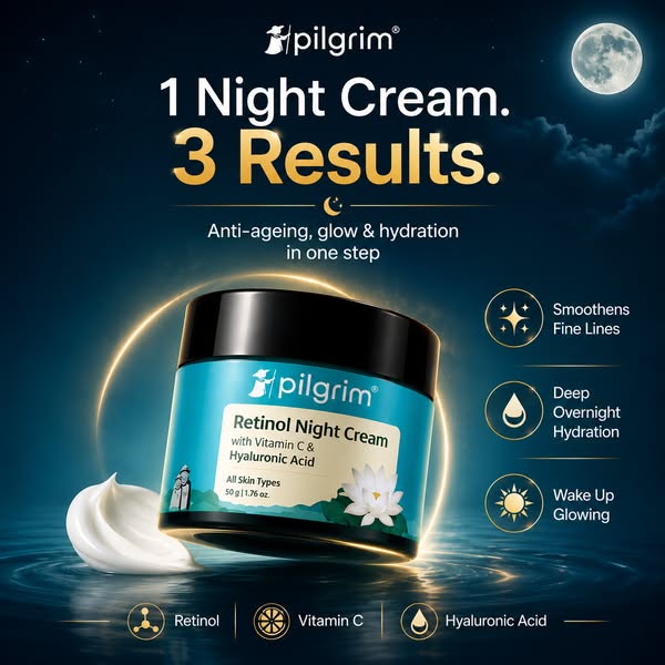 This image ad promotes Pilgrim's Retinol Night Cream. It uses a product-centric approach, highlighting key ingredien