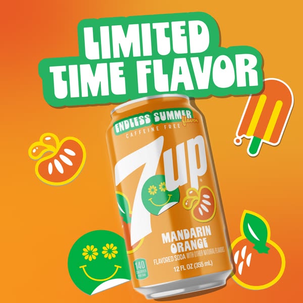This ad promotes 7up's Limited Time Flavor, Mandarin Orange. It features a can of the soda prominently displayed aga
