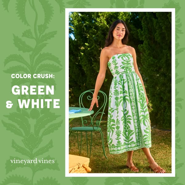This ad for Vineyard Vines features a woman wearing a green and white printed dress while standing in a grassy outdoor a