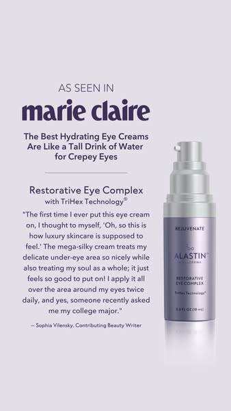 This image ad for Alastin Restorative Eye Complex leads with a media mention from Marie Claire, followed by a detailed t
