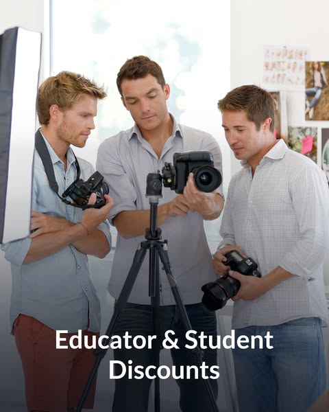 This ad features three men in a photography studio, emphasizing discounts for educators and students. The visual focus o