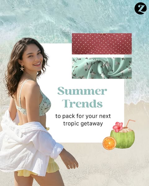 This image ad features a woman on a beach wearing a swimsuit. Text overlays the image to convey that the swimsuits are p
