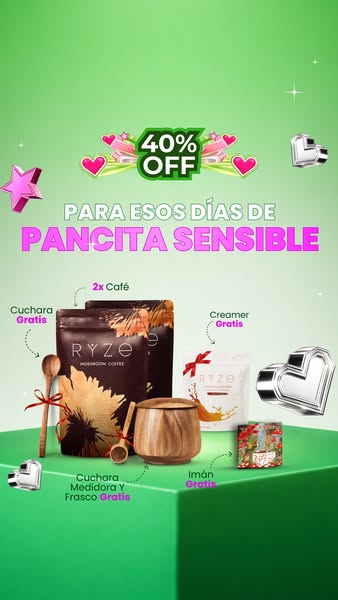 The ad promotes RYZE Mushroom Coffee by highlighting a 40% off sale and several free gifts with purchase for a customer&