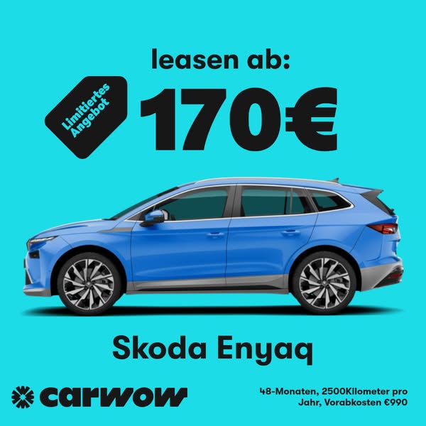 This ad features a Skoda Enyaq, promoting a limited-time leasing offer starting from €170. The ad uses a clean, minimali