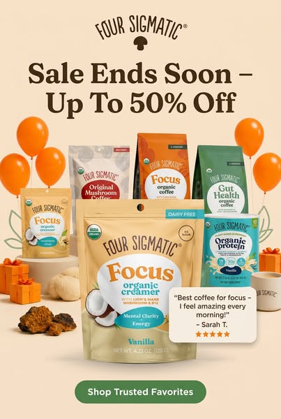 This ad from Four Sigmatic highlights their sale that ends soon of up to 50% off of their products. The ad aims to build