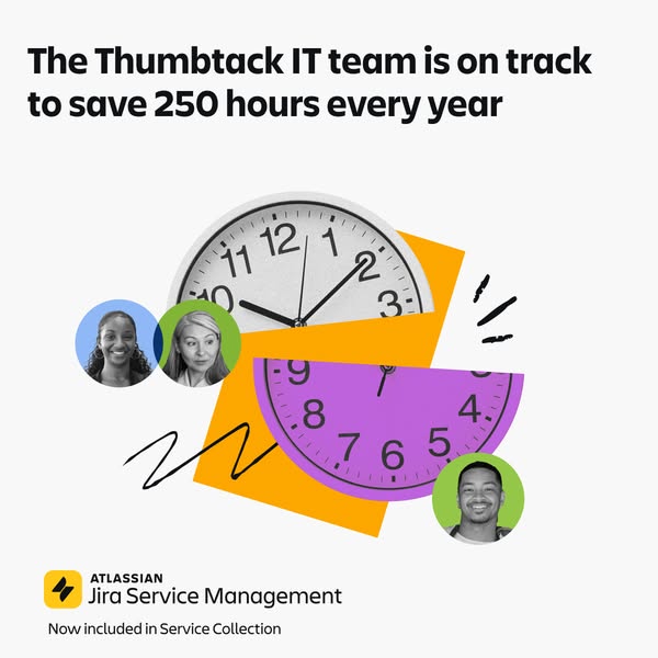 This image ad for Atlassian Jira Service Management aims to capture attention with a graphic showing clock faces and pro