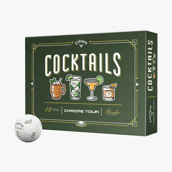 Ad showcasing a box of Callaway Chrome Tour golf balls with cocktail-themed graphics. The design merges golf and cocktai