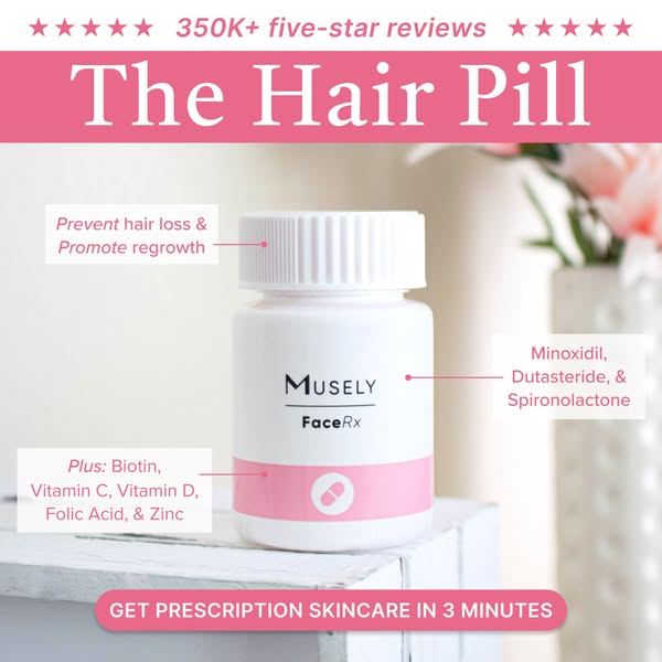 This image ad for Musely promotes The Hair Pill, a prescription skincare product. The ad features an image of the produc