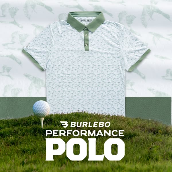 Advertisement for Burlebo performance polo, featuring the polo shirt in a golf setting.