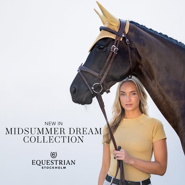 This ad promotes the 'Midsummer Dream Collection' from Equestrian Stockholm, featuring a light brown horse weari