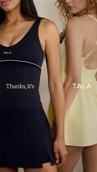 This image ad displays two models wearing TALA brand athletic dresses, highlighting both the navy and yellow versions.