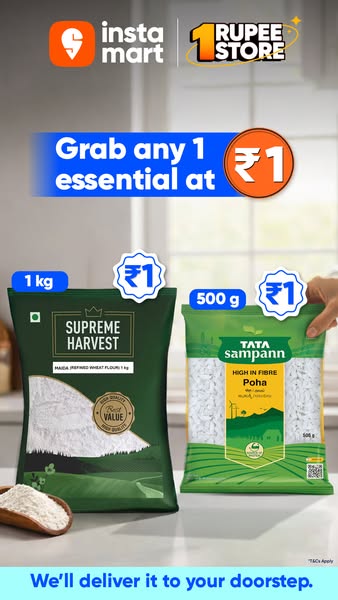 This ad promotes Instamart by showcasing their 1 Rupee Store. The ad features two essential food items, Maida and Poha,