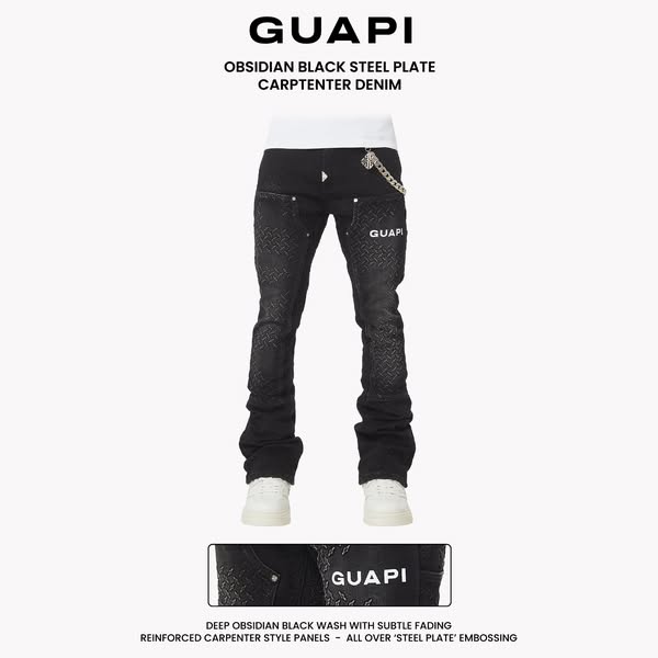 The ad showcases GUAPI's 'Obsidian Black Steel Plate Carptenter Denim.'