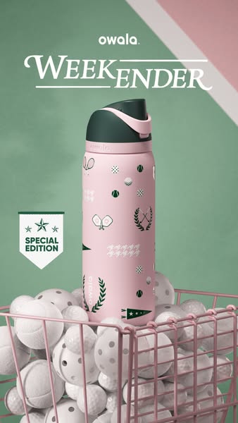 A pink and green Owala water bottle, a special edition weekender, is shown in a pink wire basket filled with white pickl