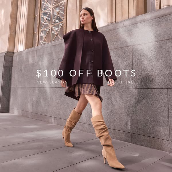 This ad promotes a discount on boots. It features a woman in a dress, jacket and boots walking down a city sidewalk.
