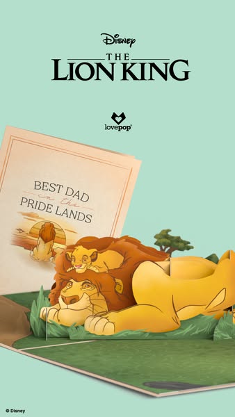 This image ad promotes a Lovepop greeting card featuring Disney's The Lion King. The card is a pop-up style, depicti