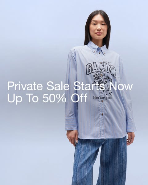 This image ad promotes a private sale from the brand Ganni, offering up to 50% off. It features a person wearing a light