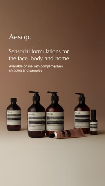 This image ad promotes Aesop products, featuring a collection of skincare and home fragrances. The ad highlights the bra