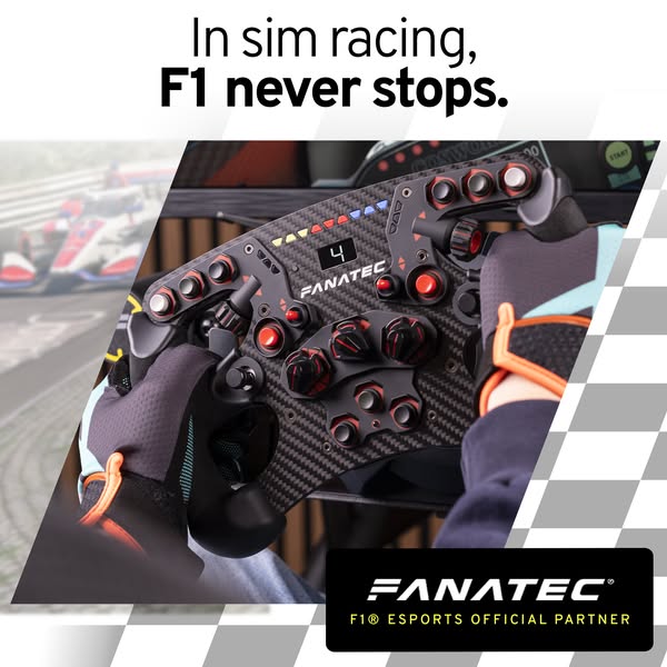 This image ad showcases the Fanatec brand of racing wheels, specifically highlighting the F1 Esports Official Partner ed