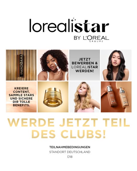 The ad is for L'Oréalistar, by L'Oréal Group, and prompts users to join their club. The ad features a variety of