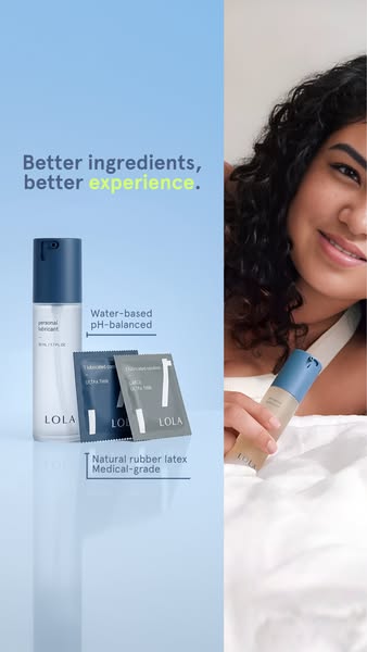 A split screen ad featuring LOLA personal lubricant. On the left half of the ad, a bottle of lubricant and single use pa