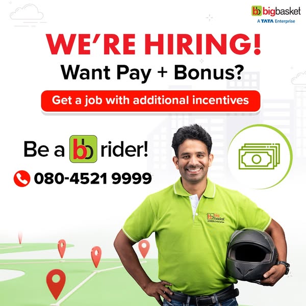 The image ad is for BigBasket, a TATA Enterprise, and is aimed at recruiting delivery riders. The ad highlights the oppo