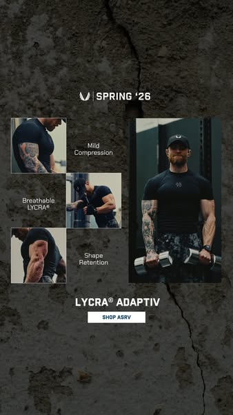 This image ad for ASRV features a male athlete lifting weights and highlights the features of the LYCRA® ADAPTIV apparel