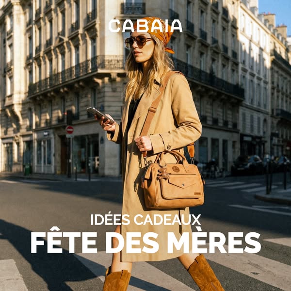 An ad for Cabaia shows a woman walking in an urban area, wearing a tan trench coat and carrying a Cabaia handbag. The ad