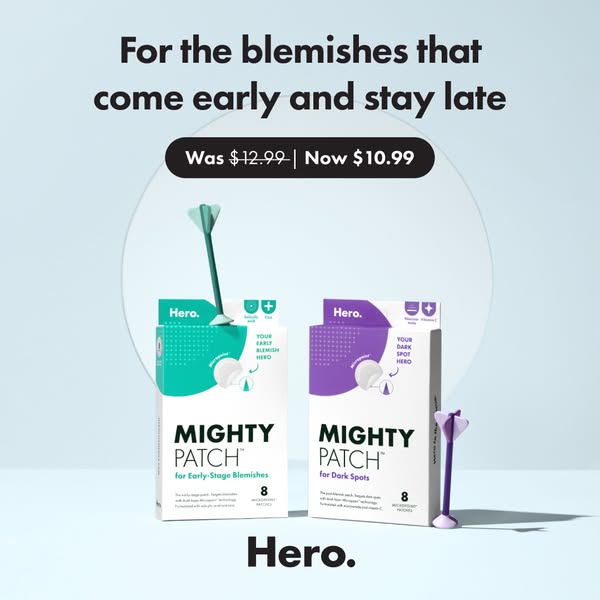 An image ad for Hero Mighty Patch shows the product packaging for two varieties of blemish patches, one for early-stage 