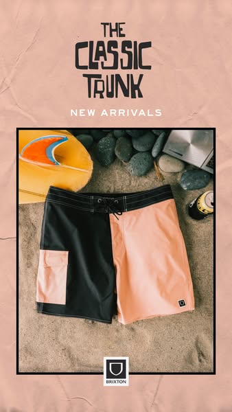 This image ad showcases Brixton's new classic trunk swim shorts. The ad features a pair of two-tone color block swim