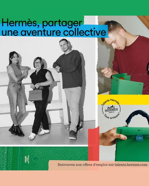 This ad is recruiting for Hermes. The ad features various Hermes employees on the left, with another working in a worksh