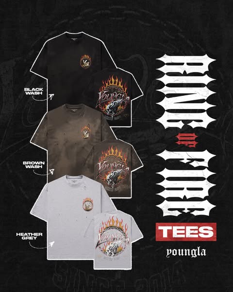 This image promotes YOUNGLA tees in different colors. The image showcases multiple t-shirts in different colorways, with