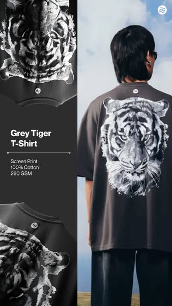 This ad showcases a gray t-shirt with a tiger print design. The ad emphasizes the quality of the materials used and prov