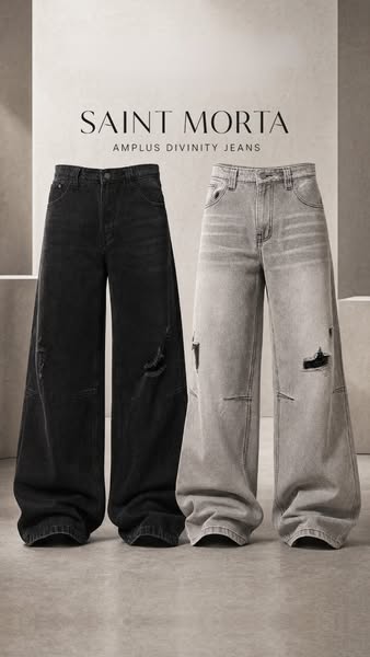 This ad showcases two pairs of Saint Morta Amplus Divinity Jeans in different washes, presented in a neutral setting. Th